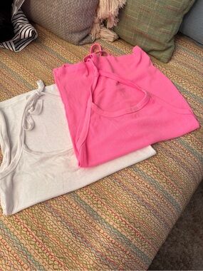 2 - Aerie Ribbed Halter Neck Tie Tank Tops - Hot Pink (Lip Gloss) - White Size L